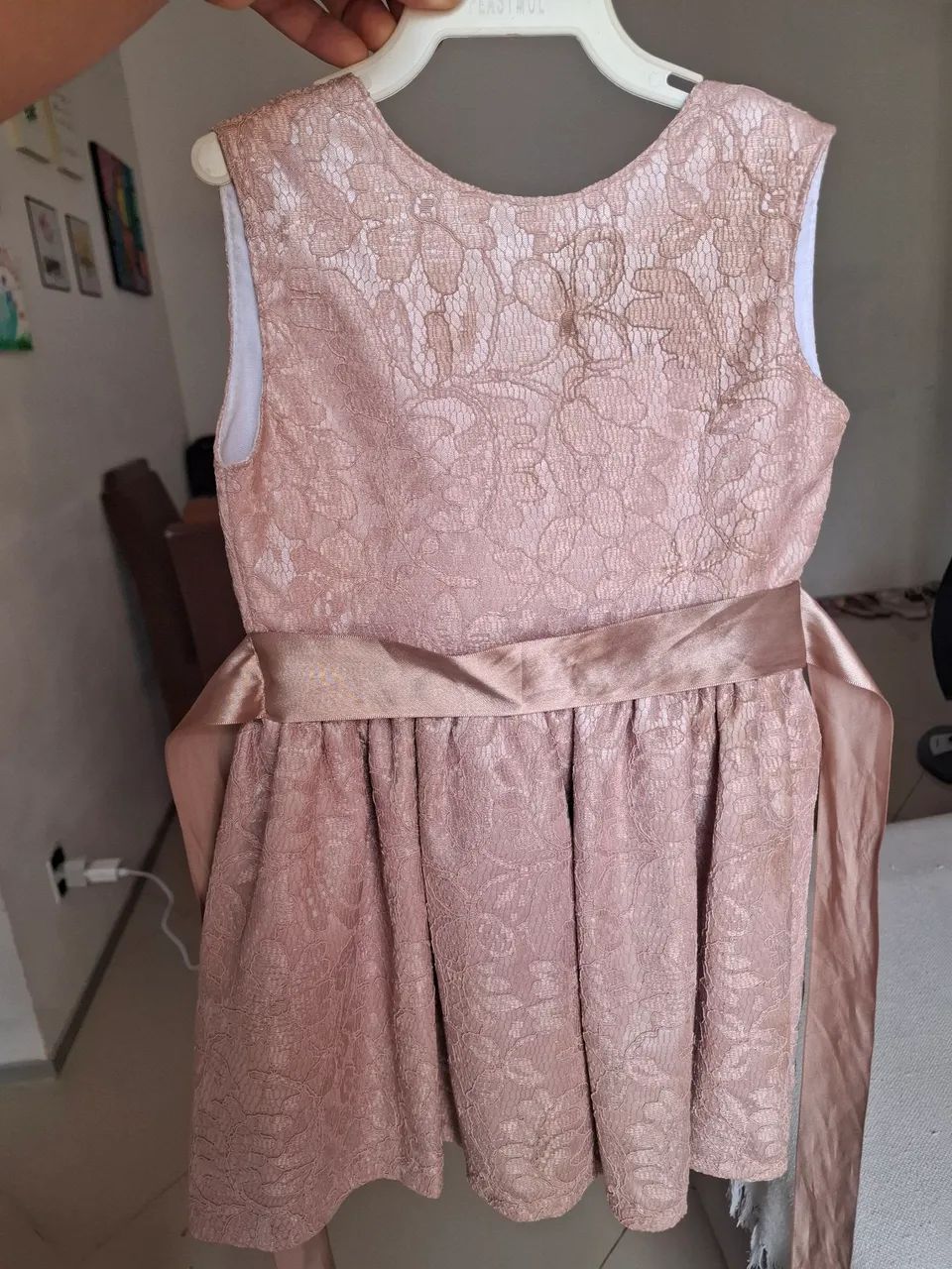Vestido Rosa Chá/Nude (Renda e Laço em Cetim) - Foto 3
