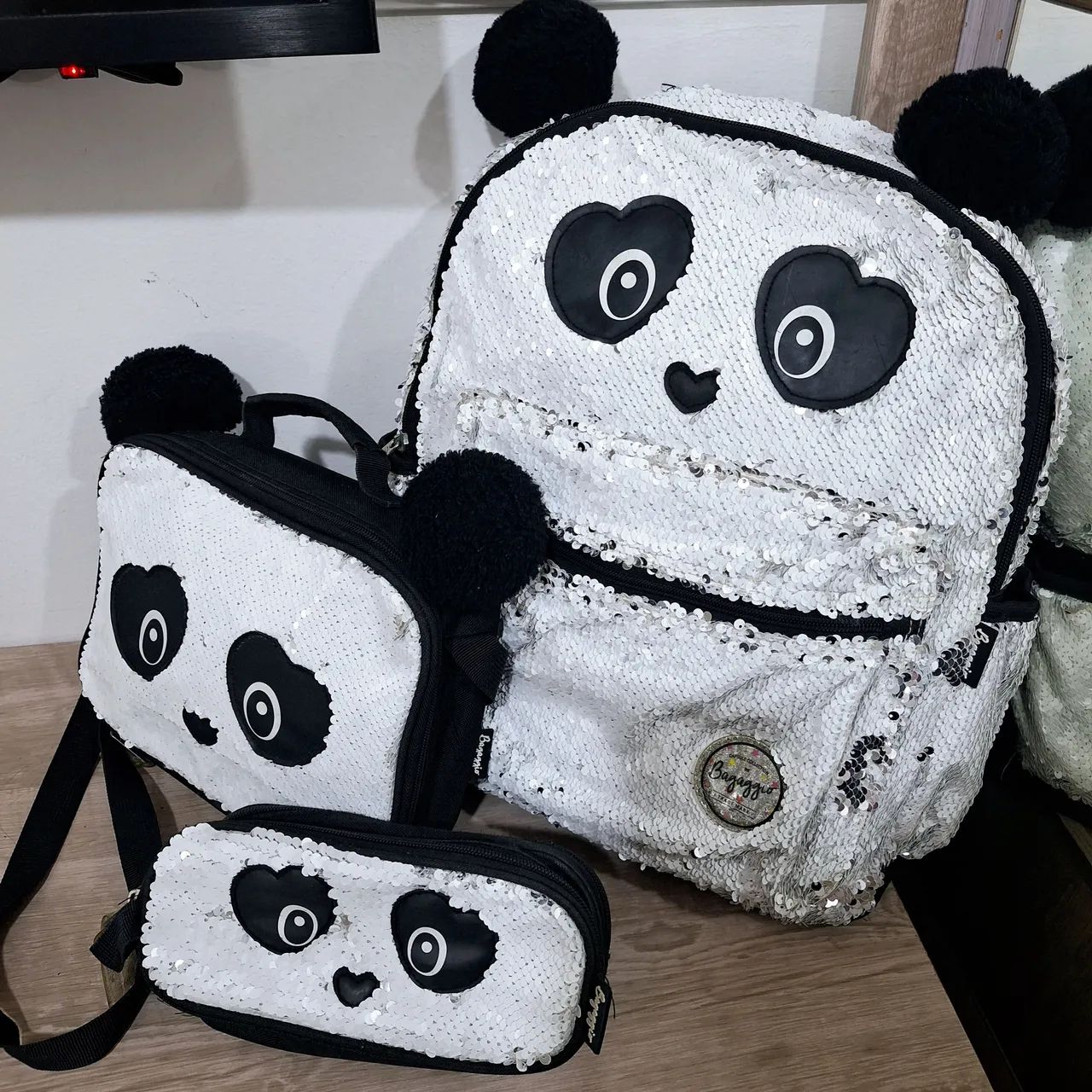 Kit Mochila, Lancheira E Estojo De Panda Lantejoulas Bolsas