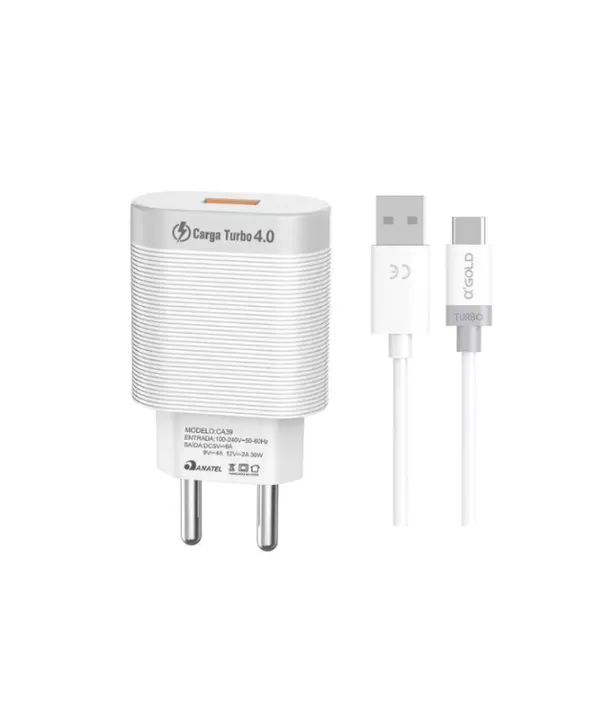 CARREGADOR 1 USB TURBO 1 CABO TIPO-C PARA USB 30W A´GOLD CA39-3/TIPO-C - Foto 2