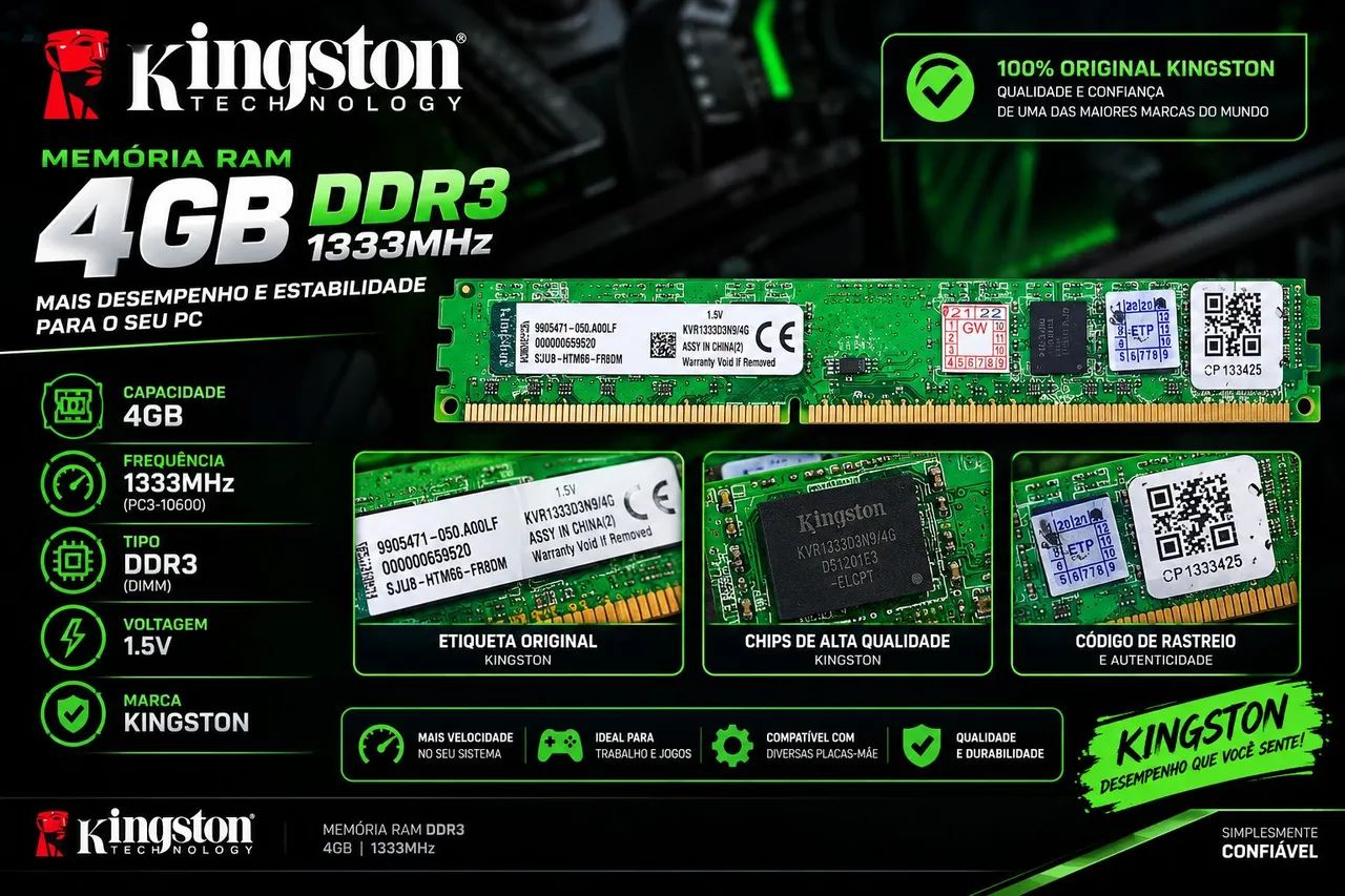 Memória RAM Kingston 4GB DDR3 - Funcionando 100%