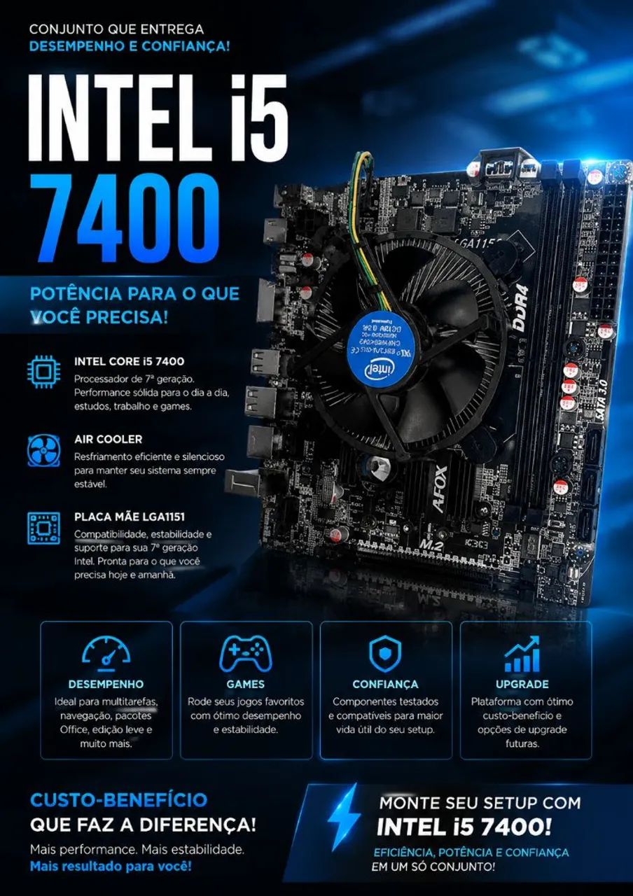 Kit placa mãe, processador Intel i5 7400 e air cooler
