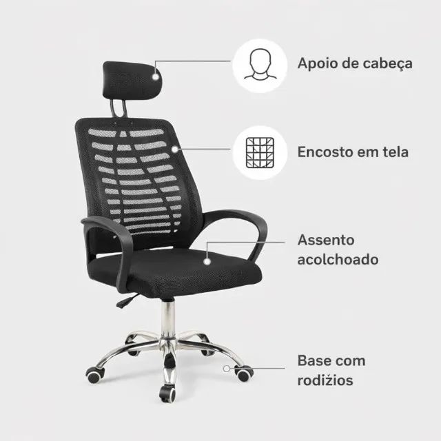 Cadeira Escritório Diretor Tela Mesh Com Encosto De Cabeça