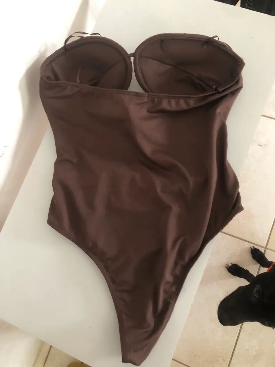 Body Em Microfibra Bicolor Com Busto Pespontado Marrom - Foto 5