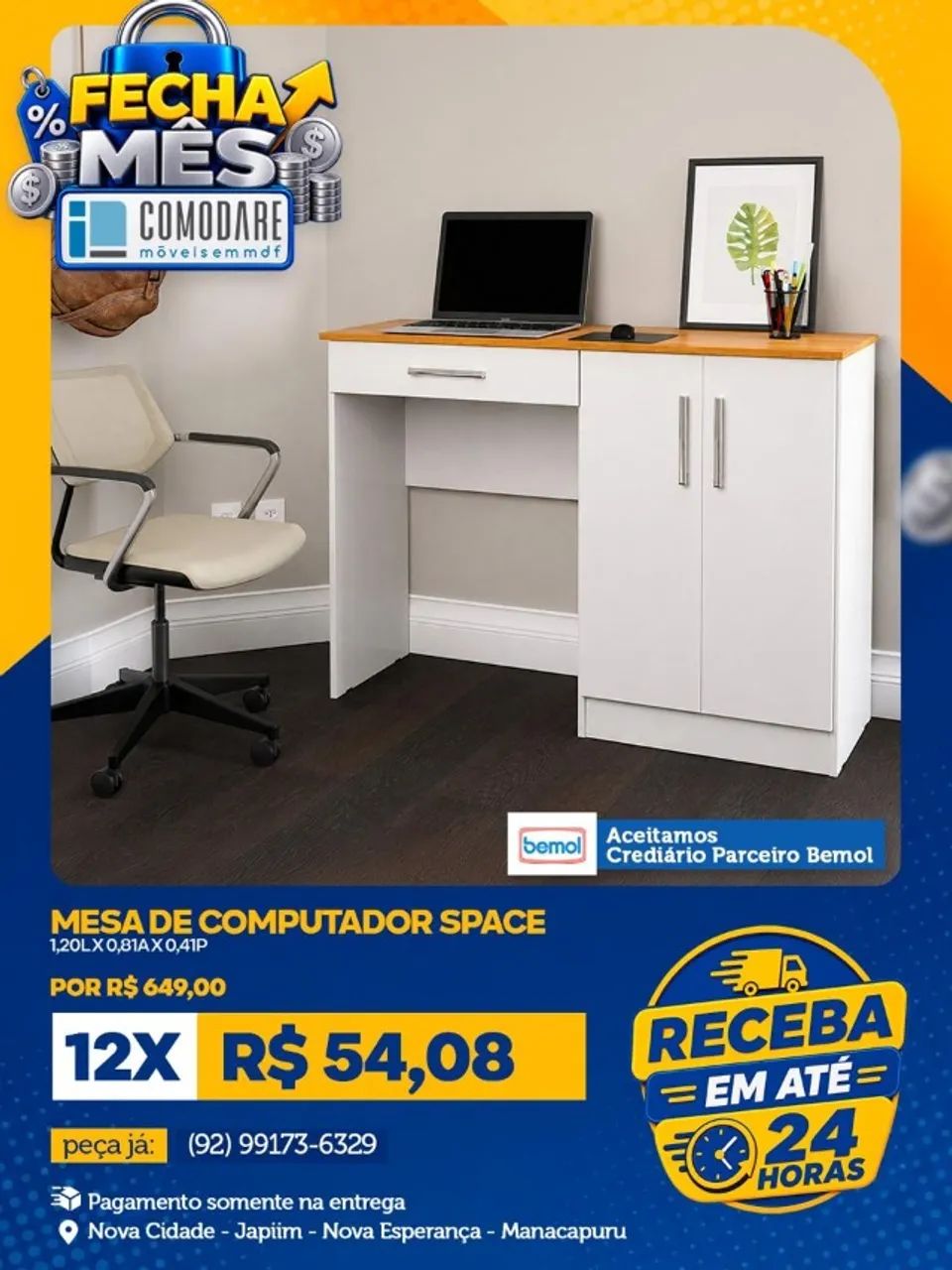 Mesa de Computador Space 2 Portas R$ 649