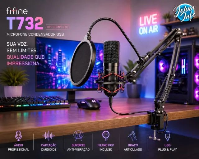 Kit Microfone Condensador Fifine T732 Usb, Braço Articulado