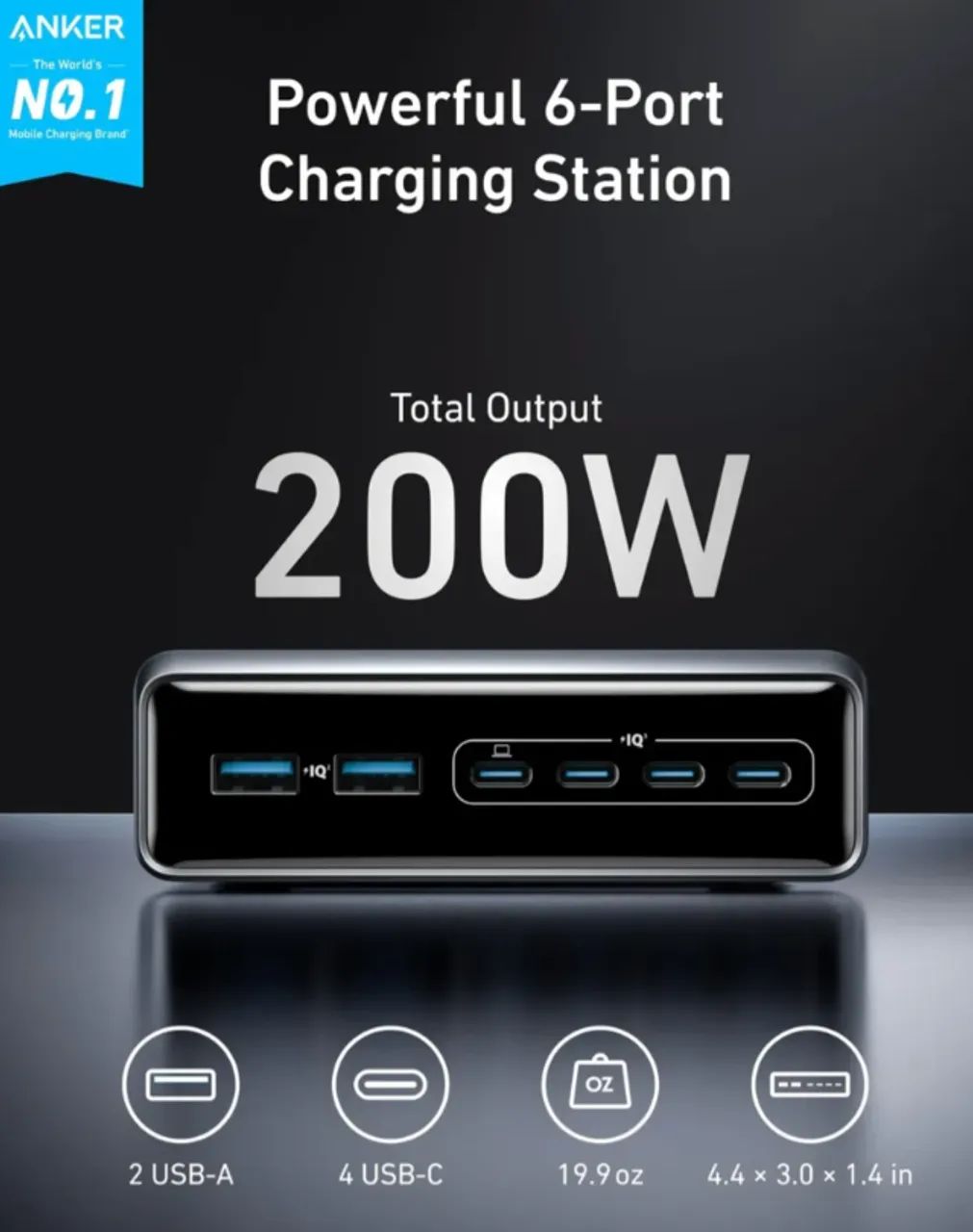 Estação De Carregamento Anker Prime 200w Gan De 6 Portas
