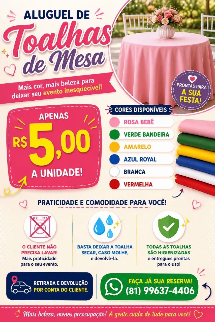 Toalhas em Oxford. Diversas cores. Mesas e cadeiras plásticas 