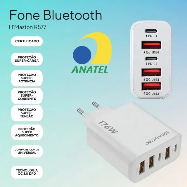 Carregador De 176w Com 3 Usb-a E 2 Usb-c Hmaston Y72-4 Branco - Foto 4