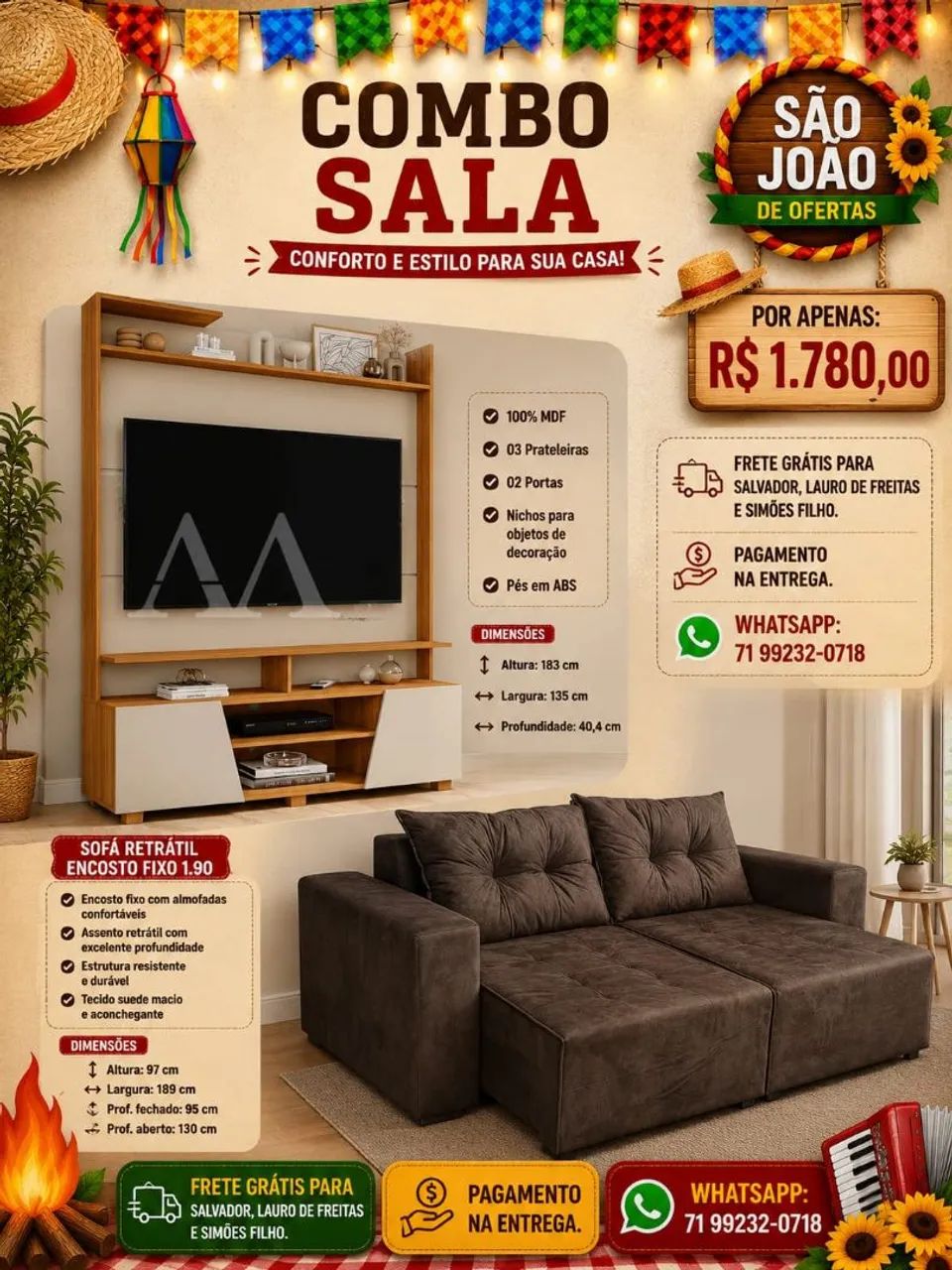 HOME + SOFA RETRÁTIL ENCOSTO FIXO 190 