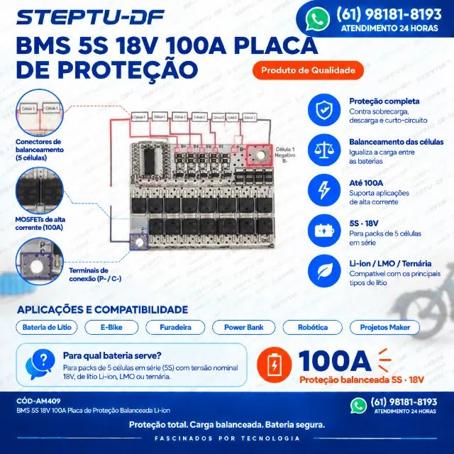 Bms 5S 18V 100a Balanceada Li-ion  Placa De Proteção COD-AM409 - Foto 2