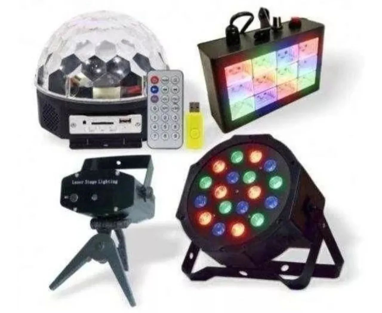 Kit iluminação pra festa 4 em 1 com globo de luz ,leiser,estrobo,canhao 18 leds 
