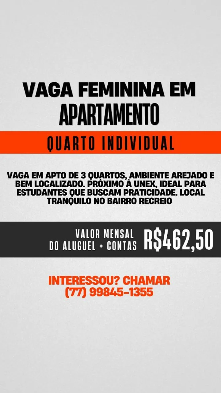 VAGA DE QUARTO FEMININA
