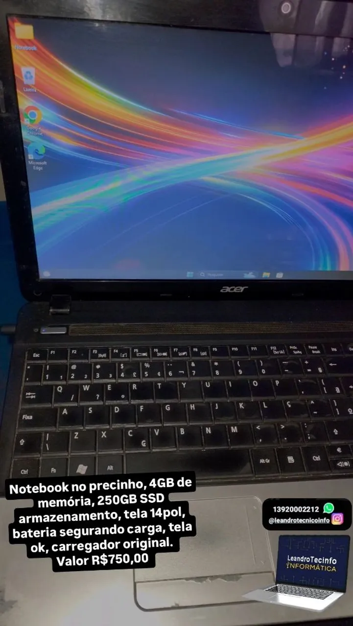 Notebook Acer 4GB/250GB SSD, bateria segurando carga, Windows 11 e office!
