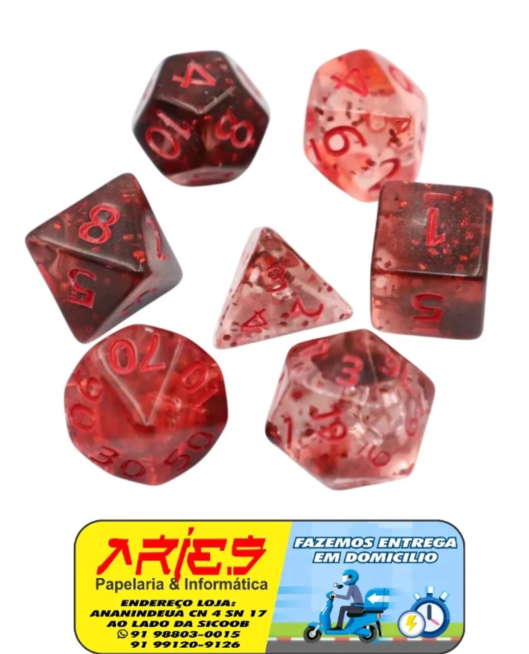 KIT 7 DADOS PARA RPG TRANSLUCIDO COM DETALHES EM VERMELHO
