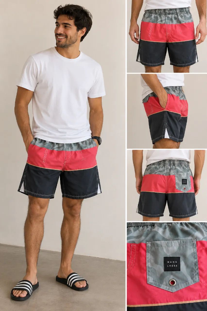 BERMUDA MASCULINA HANG LOOSE CINZA, VERMELHA E PRETA