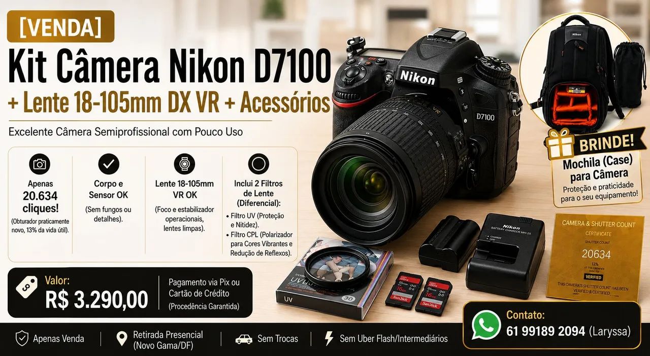 【美品】Nikon D7100 18-105 VR Kit VENDO KIT CÂMERA NIKKON D7100 + LENTE 18-105 DX VR + ACESSÓRIOS E