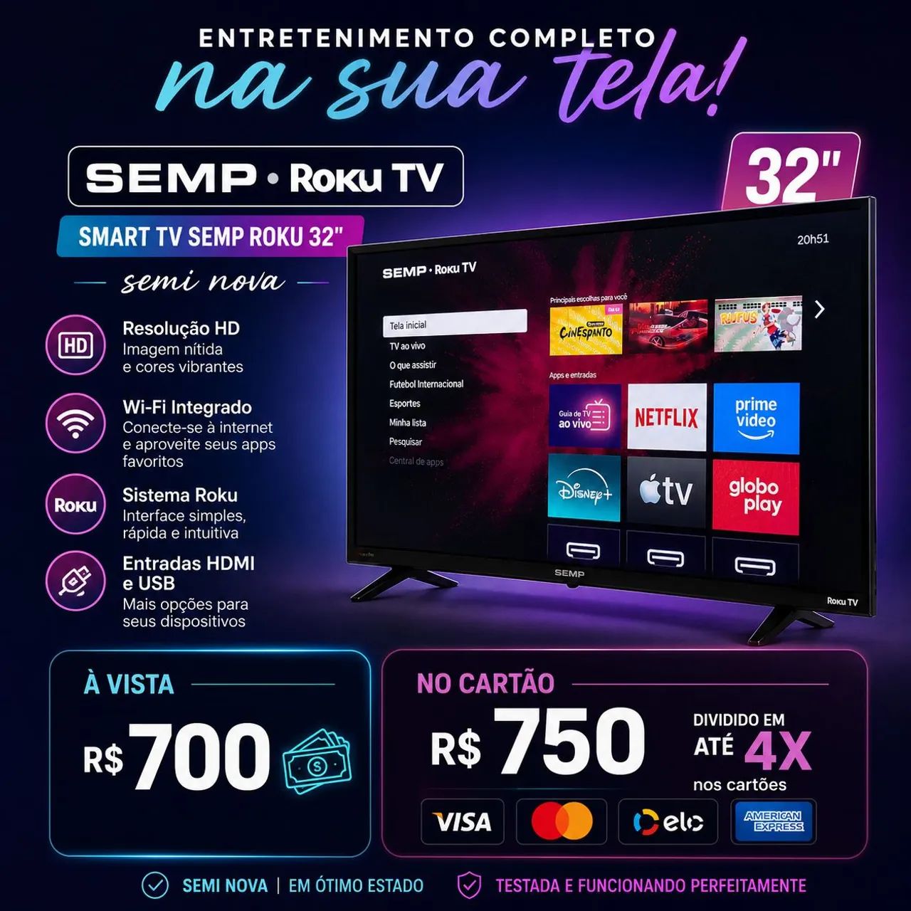 Smart TV SEMP ROKU 32" Semi Nova