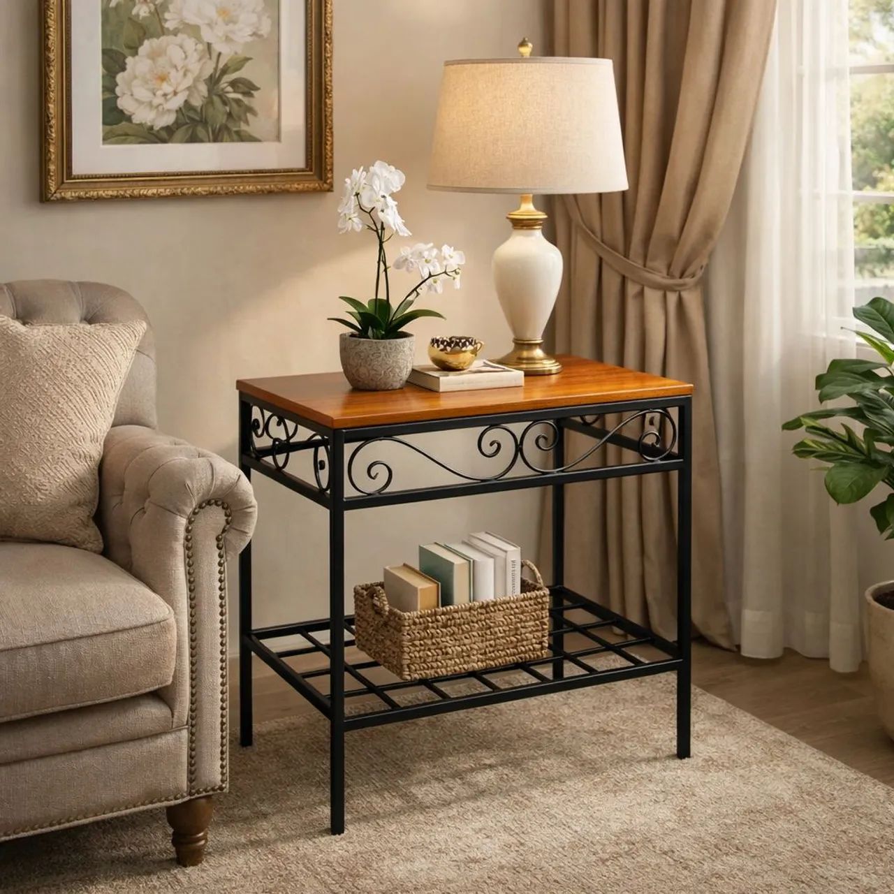 Side Table in Iron with Pine Wood Top