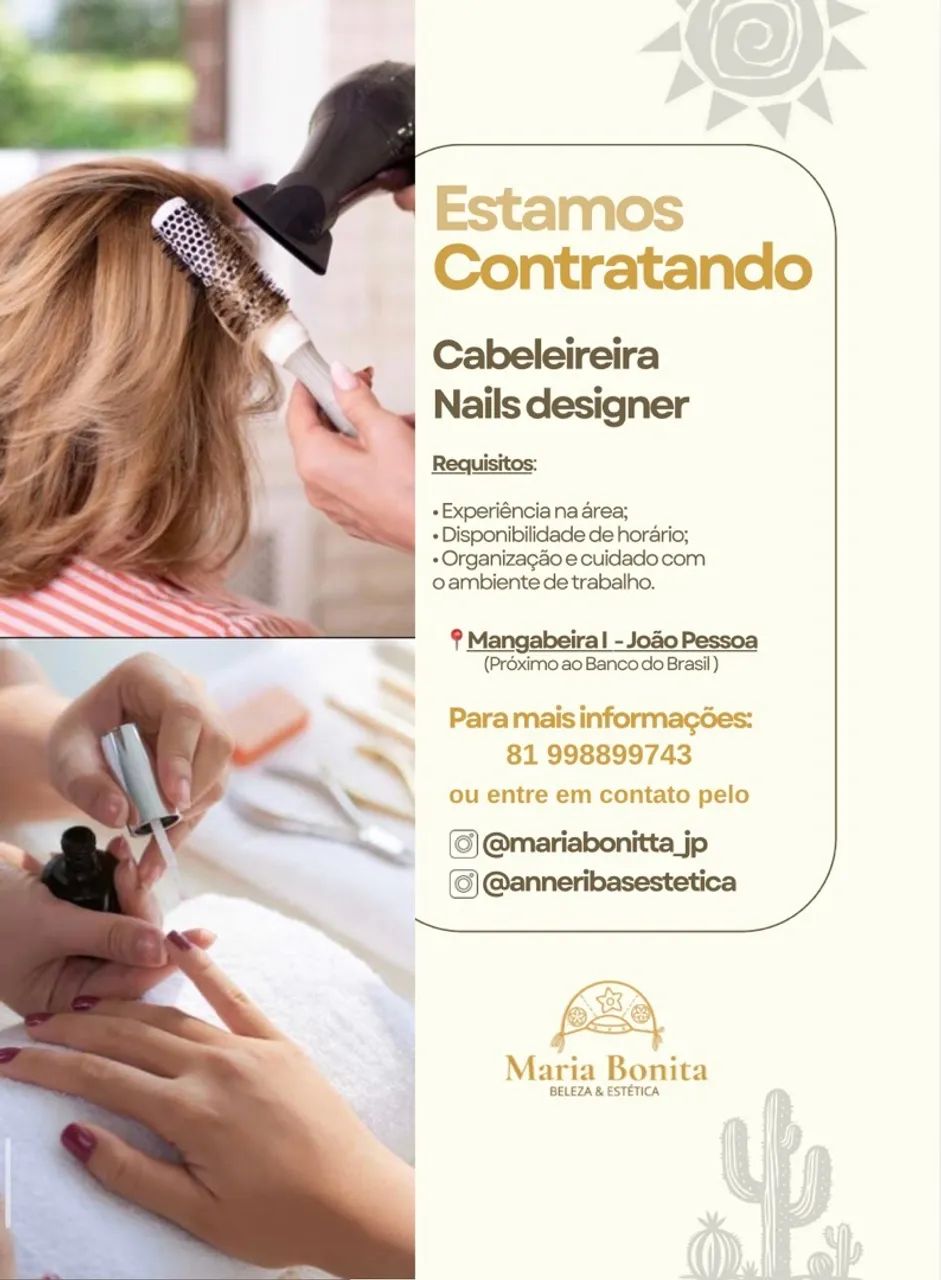 Vaga para cabeleireira e nals designer 