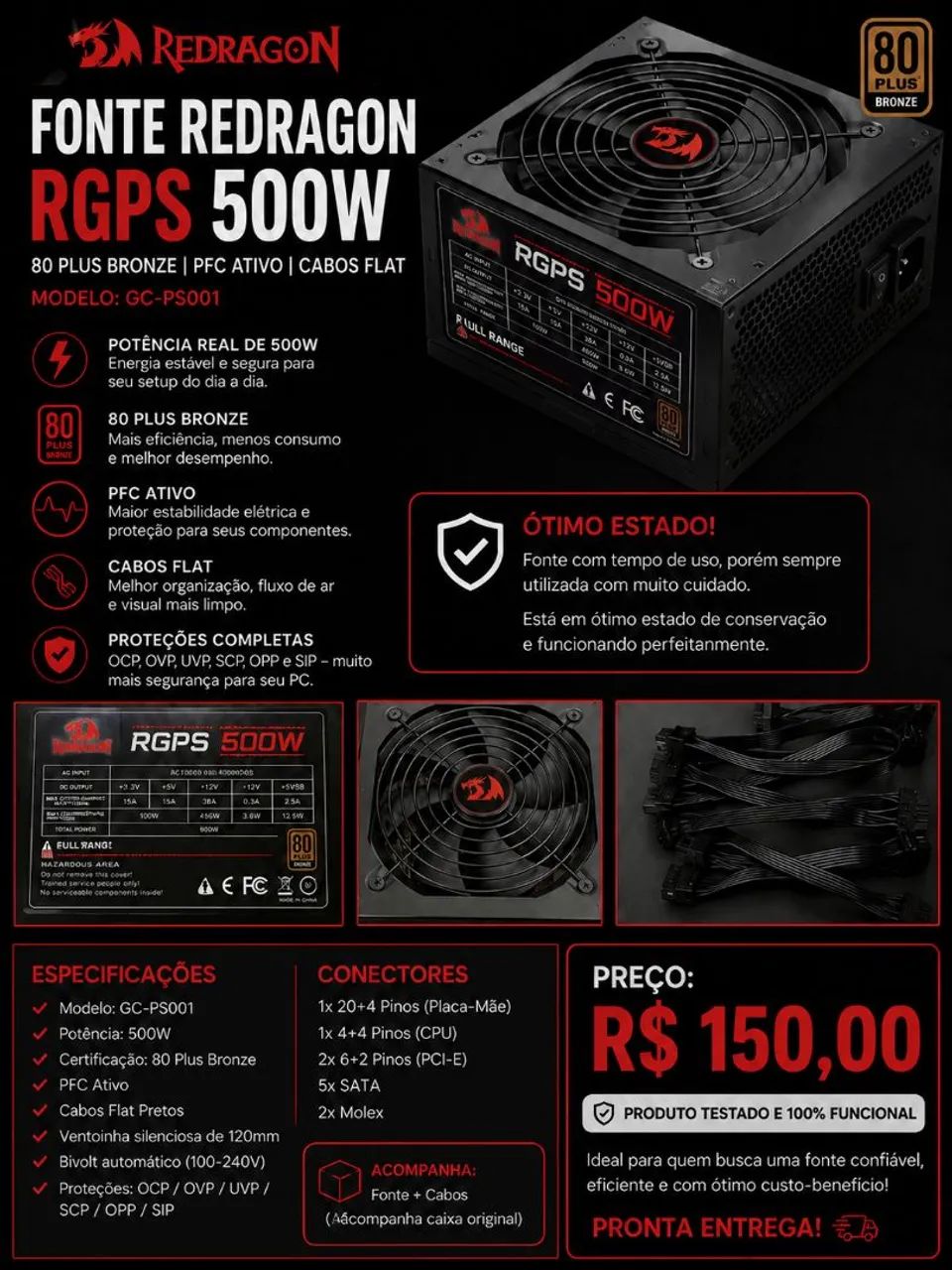 Fonte Regdragon RGPS 500w 80Plus Bronze