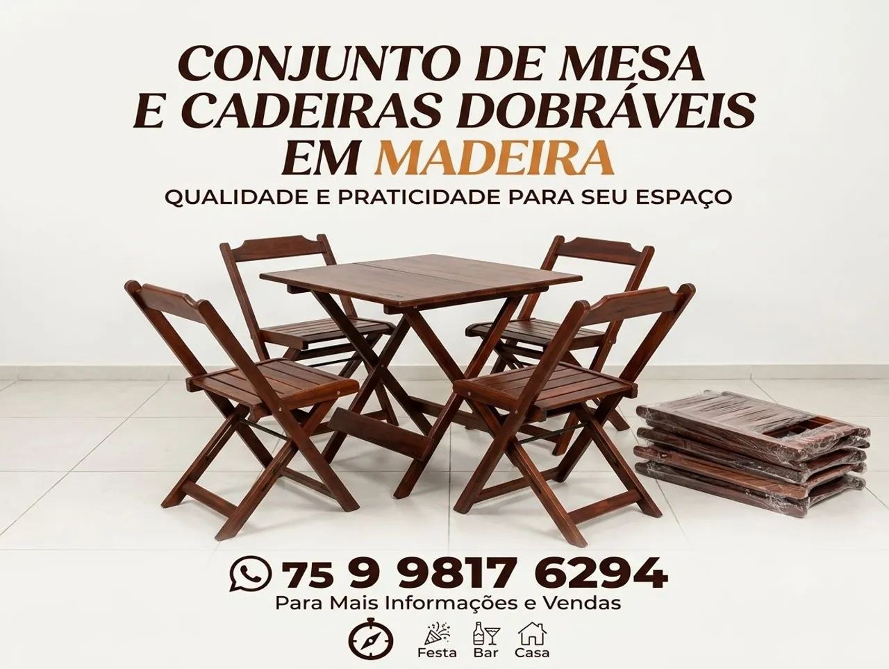 Mesa e cadeiras dobráveis de madeira para bar e restaurante 