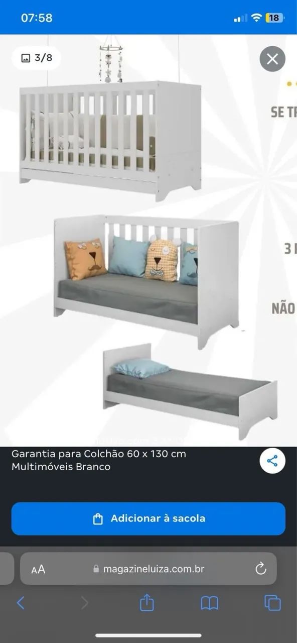 Berço MDF 3 em 1 + colchão + Vira cama 