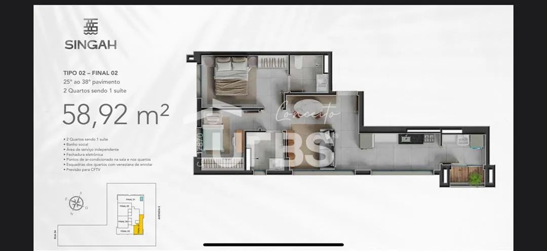SINGAH - Apartamento 2 quartos, sendo 1 suíte
