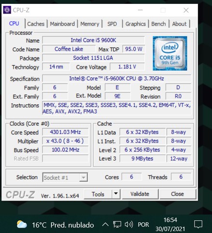 Processador Intel 9600K zero 100%