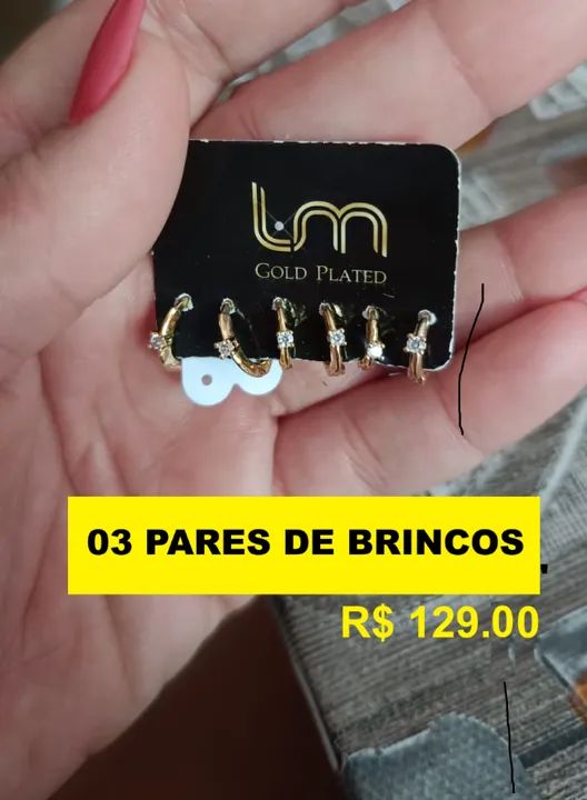 03 Pares de Brincos de Semijoias, Lm Gold Plated. Referencia 0l2990