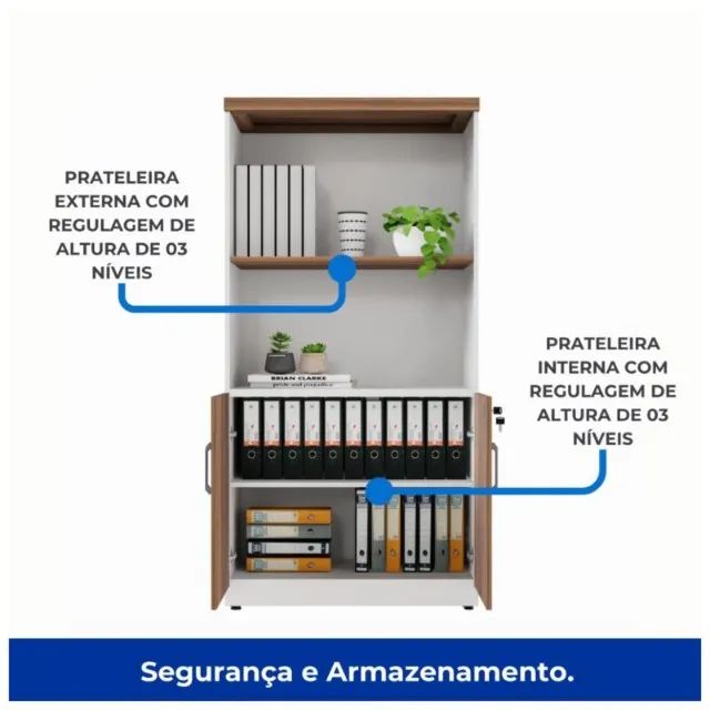 Armário De Escritório Alto Semi Aberto Nogal Sevilha Preto Organizador Moderno 34316 - Foto 2
