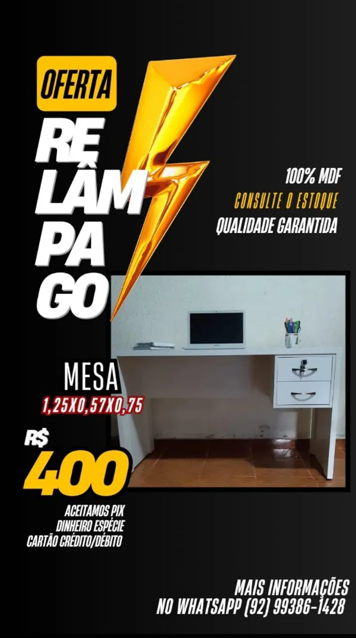 Mesa de Escritório 1,25x0,57x0,75 - 100% MDF - R$400