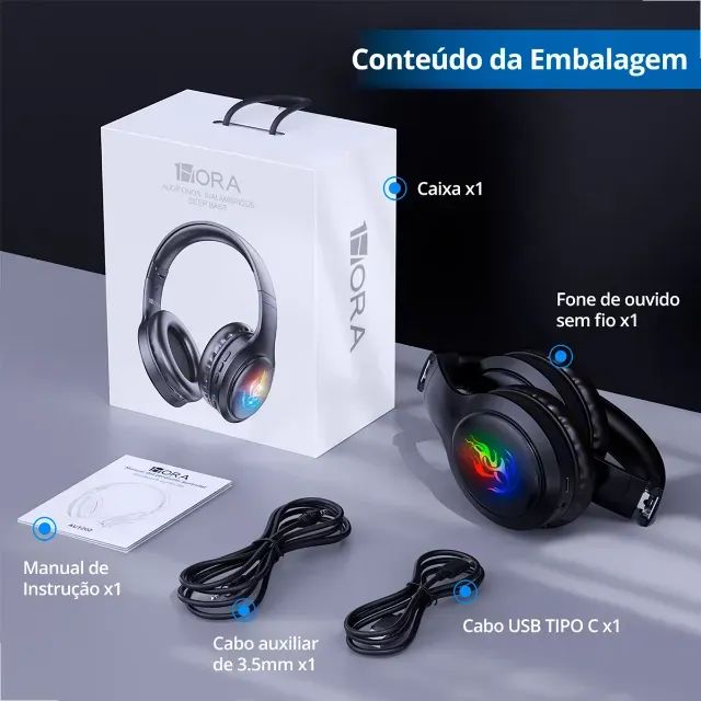Fone De Ouvido Sem Fio Bluetooth Led Headset Gamer Preto