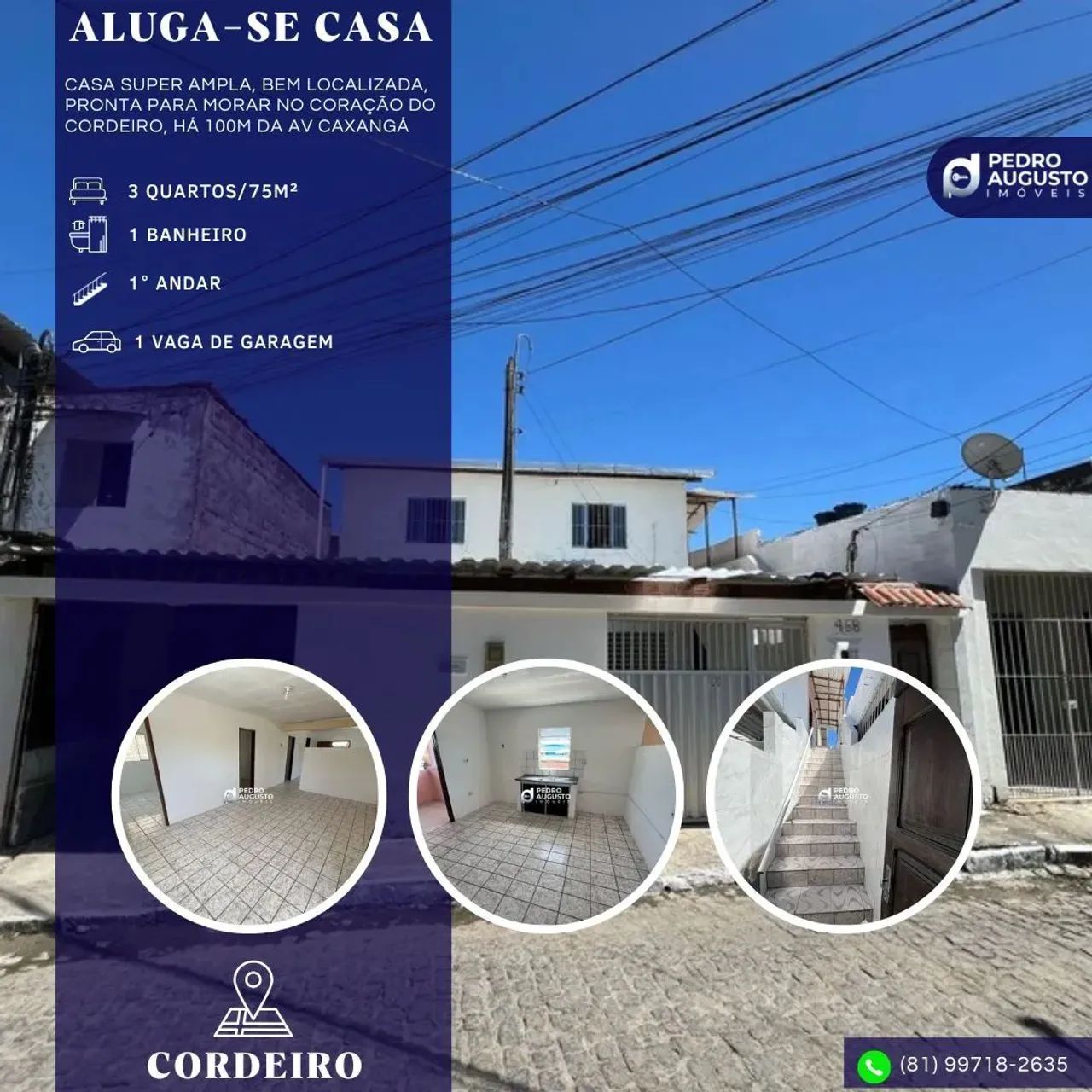 Casa: 75m², 3 Qts, sala ampla, 1° andar, há 500m da Avenida Caxangá no Cordeiro!