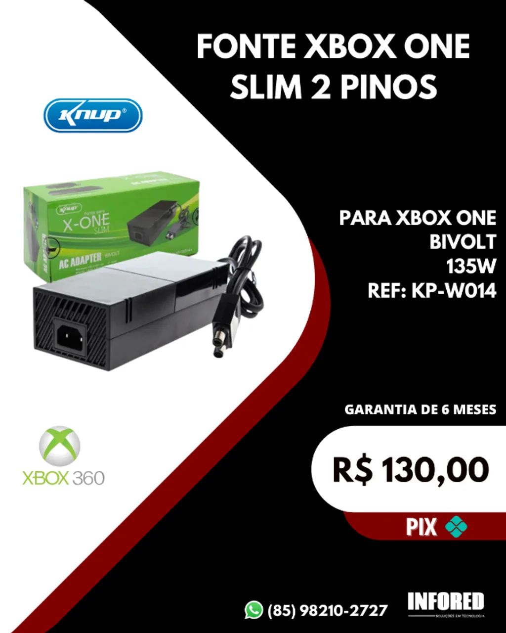 Fonte Xbox One Slim 2 pinos Knup KP-W014