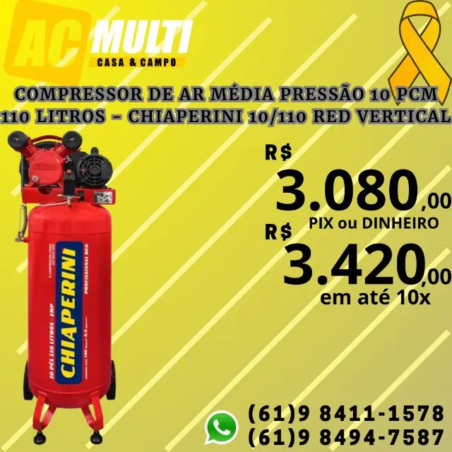 Medium-Pressure Air Compressor 10 CFM 110 Liters - Chiaperini 10/110 RED Vertical
