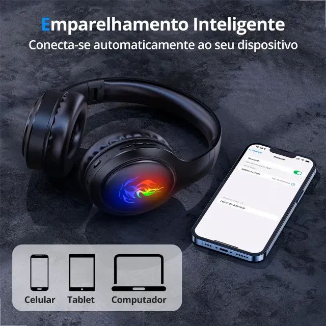 Fone De Ouvido Sem Fio Bluetooth Led Headset Gamer Preto - Foto 6