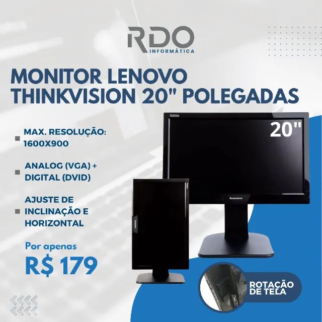 Monitor Lenovo ThinkVision 20? HD+ 1600x900 VGA DVI com Rotação - Ideal para escritórios 