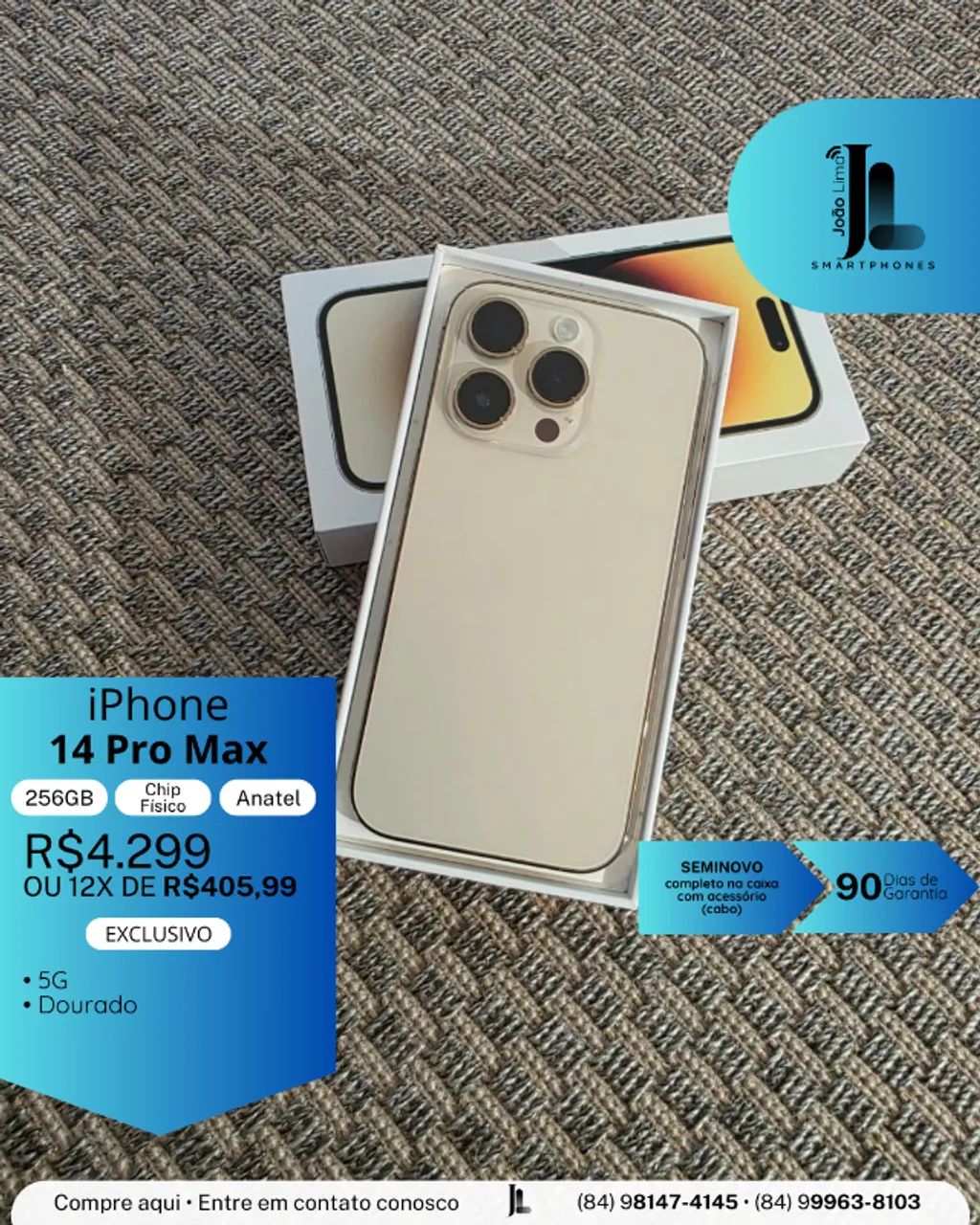 IPHONE 14 PRO MAX, 256GB, ANATEL, CHIP FÍSICO, DOURADO, SEMINOVO