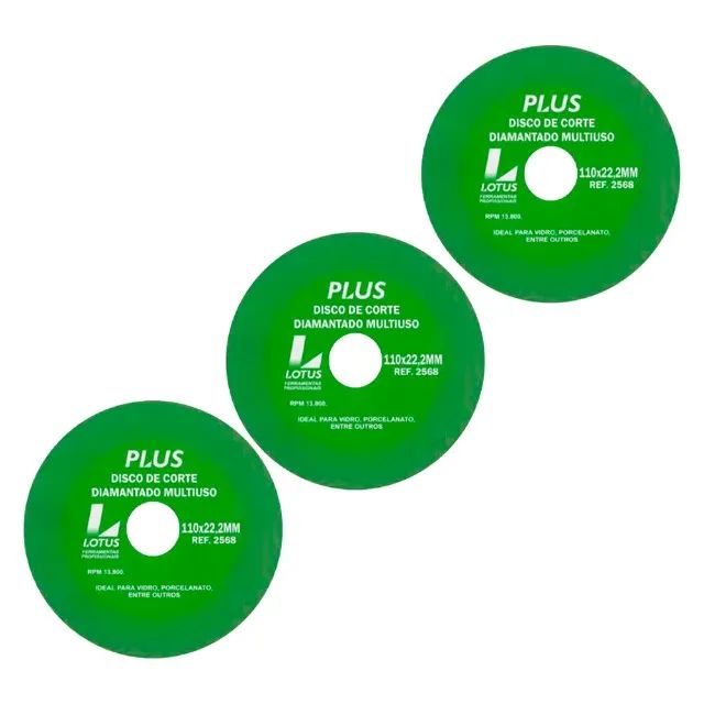 Kit 3 Discos de Corte para Vidro e Porcelanato Extra Fino 100mm x 22,22mm Esmerilhadeira
