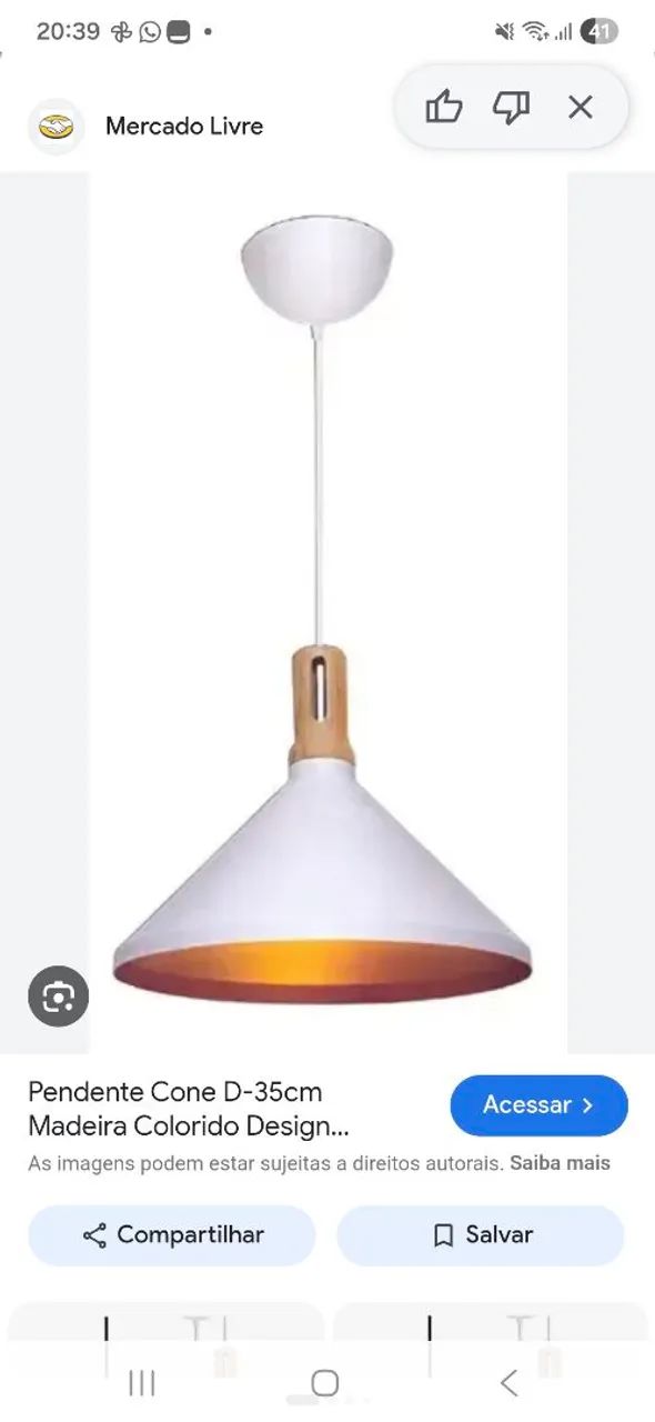 Pendente Cone 35cm Branco/Madeira 