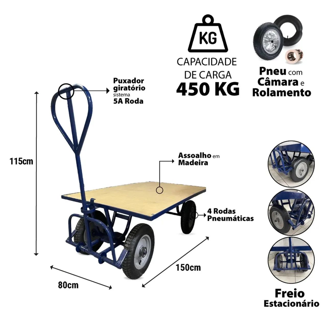 Carro Plataforma com Tampo em Madeira 450kg C 128M - NOVO  - Foto 4