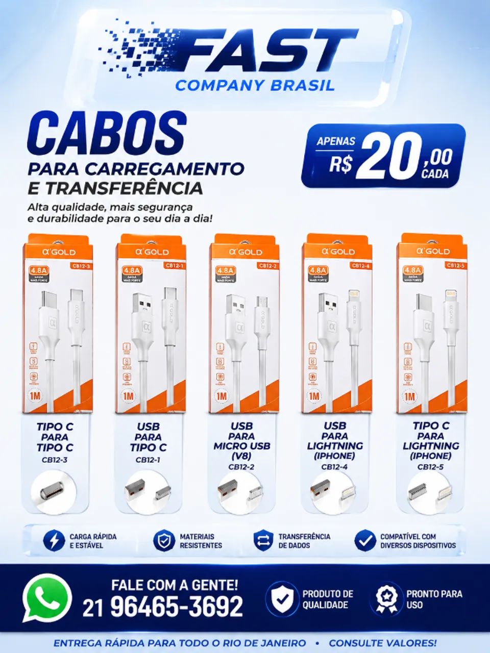 Cabo USB Tipo C Micro USB Lightning iPhone Carregamento Rápido