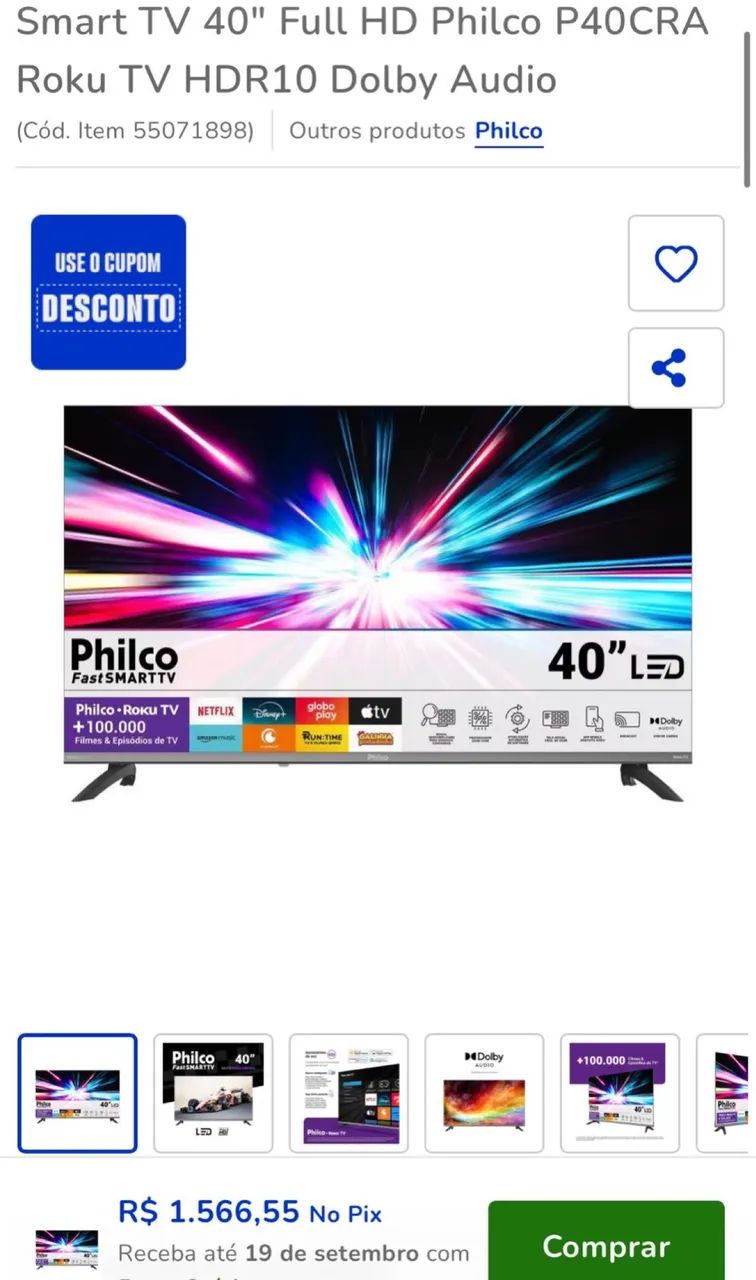 Vendo Smart TV 40 polegadas full HD Philco. Nova, nem abri a caixa.