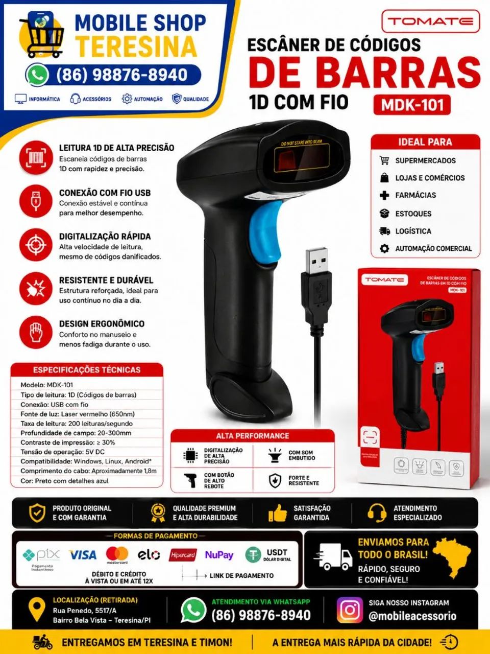 Leitor Código de Barras 1D USB Com Fio Tomate MDK-101