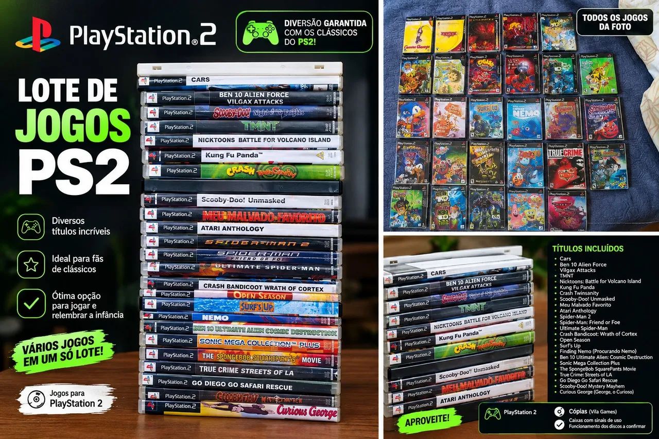 Lote de Jogos PS2 - Cars, Ben 10, Crash, Sonic, Scooby-Doo e Mais