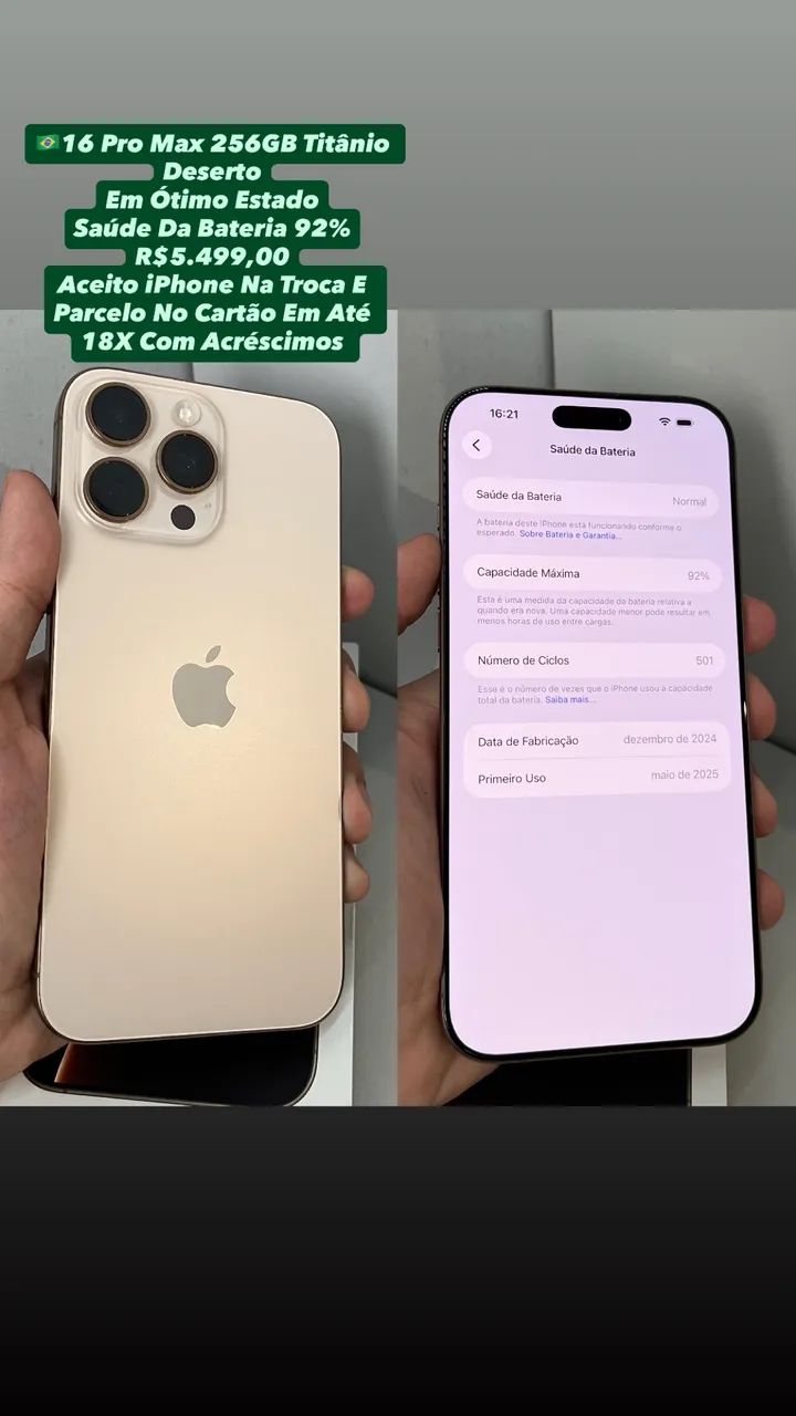 iPhone 16 Pro Max 256GB Titânio Deserto - Em Ótimo Estado