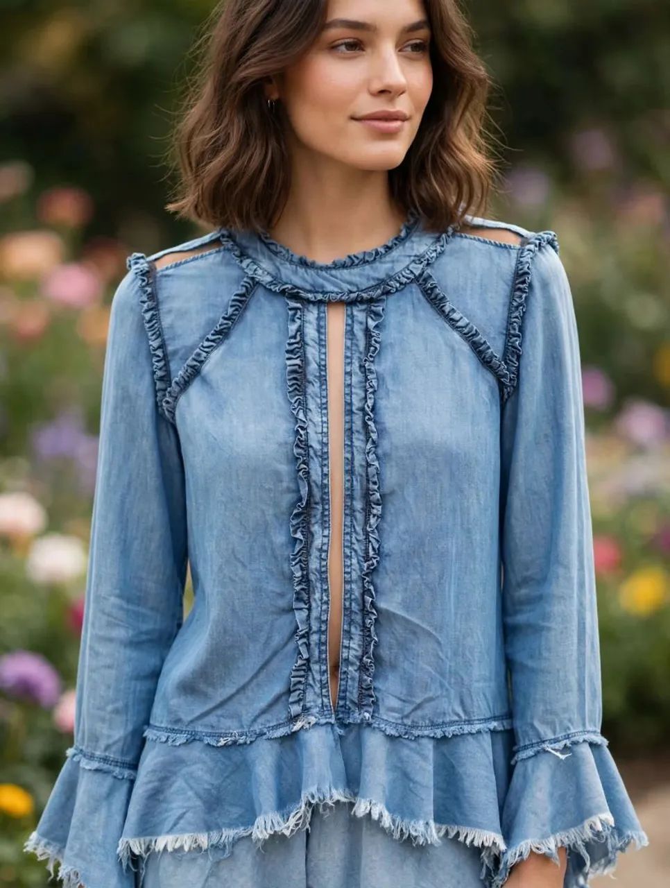 Blusao Jeans com transparência e babados - M