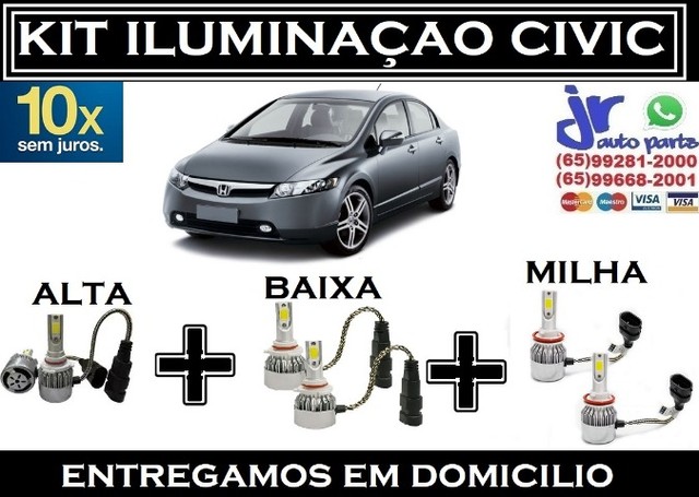 Kit Lampadas Ultra LED (Alta/ Baixa/Milha) Honda Civic 2007/11 6000K 12V 24V