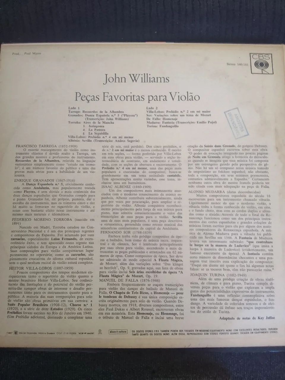 LP John Williams Peças Favoritas para violão  - Foto 2