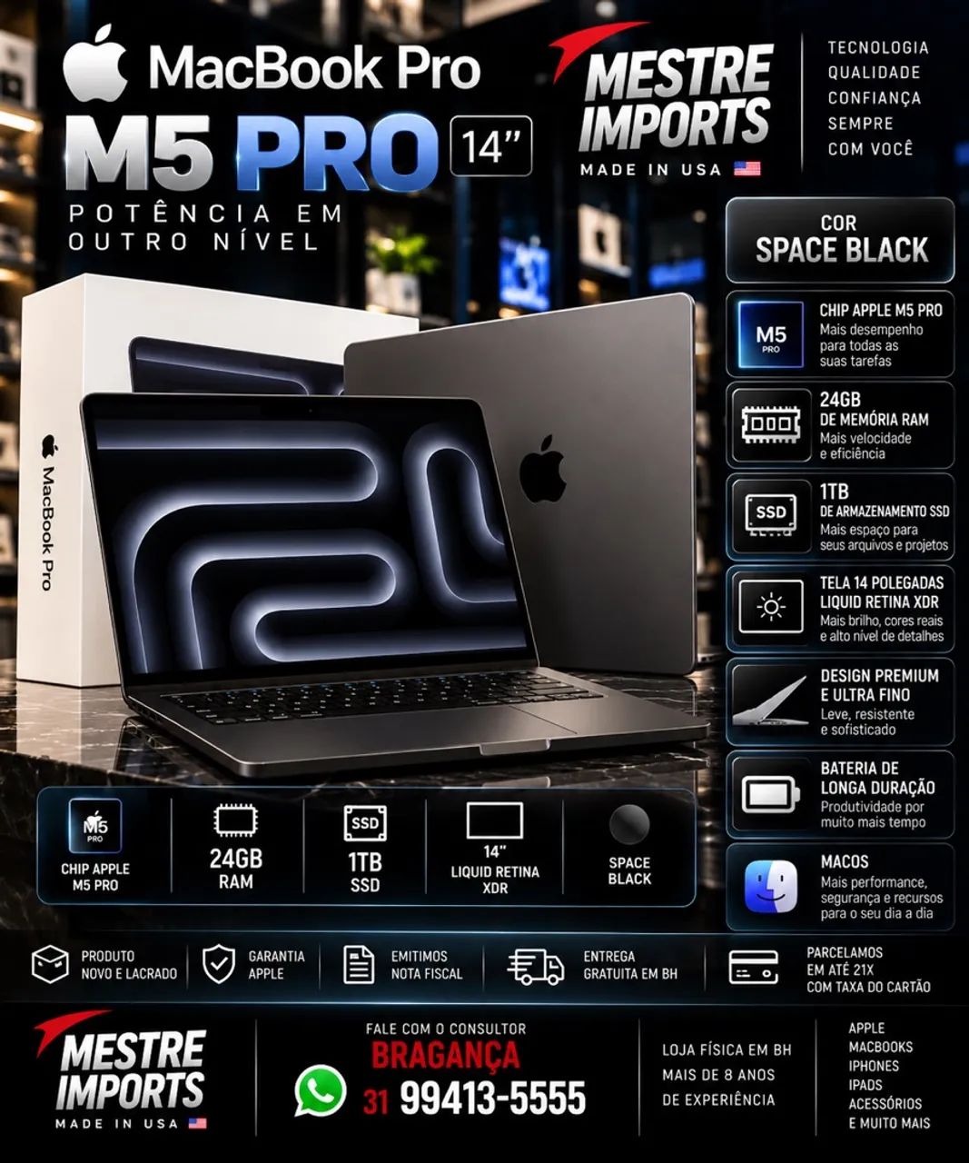 MacBook Pro M5 Pro 14 Polegadas 24GB RAM 1TB SSD Space Black Novo Lacrado Nota Fiscal